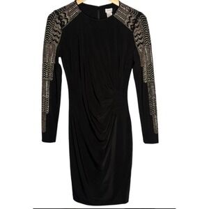 Cache Black Embellished Shoulder Long Sleeve Ruched Sheath Dress Size 14